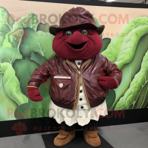 Maroon Corned Beef And Cabbage mascot costume character dressed with a Leather Jacket and Hat pins