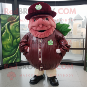 Maroon Corned Beef And Cabbage mascot costume character dressed with a Leather Jacket and Hat pins