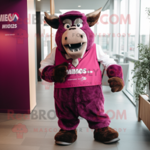 Magenta Bison mascot costume character dressed with a Waistcoat and Ties