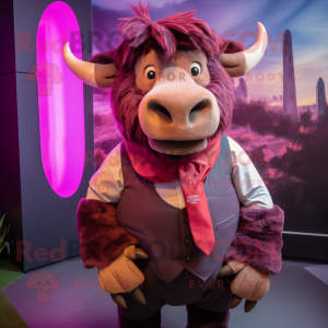 Magenta Bison mascot costume character dressed with a Waistcoat and Ties
