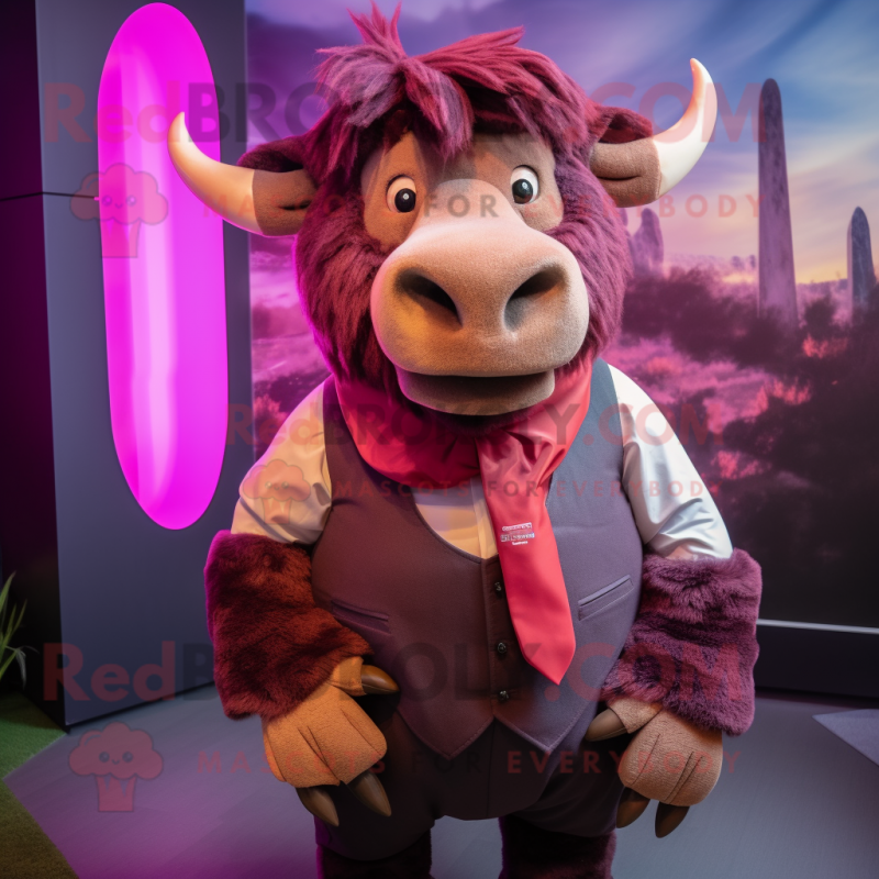 Magenta Bison mascot costume character dressed with a Waistcoat and Ties Magenta Bison mascot costume character dressed with a Waistcoat and Ties