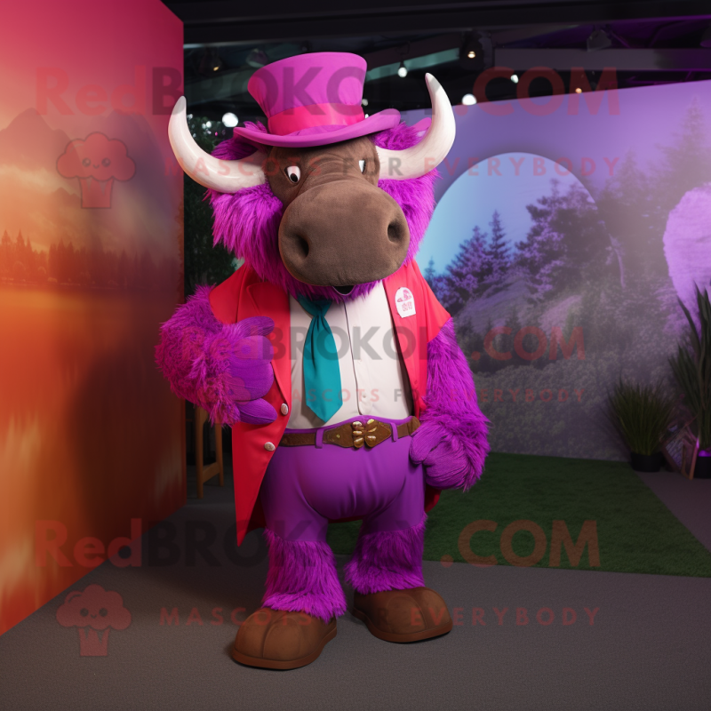 Magenta Bison mascot costume character dressed with a Waistcoat and Ties Magenta Bison mascot costume character dressed with a Waistcoat and Ties