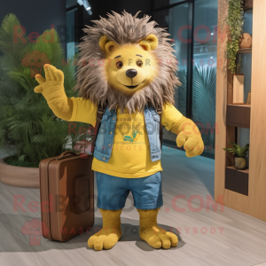 Yellow Porcupine mascot costume character dressed with a Denim Shorts and Briefcases