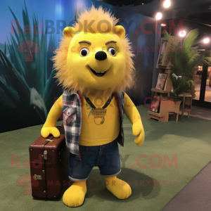 Yellow Porcupine mascot costume character dressed with a Denim Shorts and Briefcases