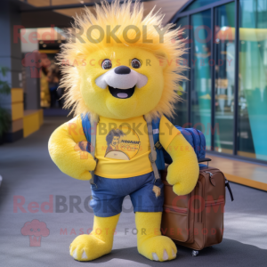 Yellow Porcupine mascot costume character dressed with a Denim Shorts and Briefcases