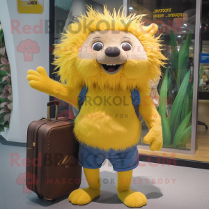 Yellow Porcupine mascot costume character dressed with a Denim Shorts and Briefcases