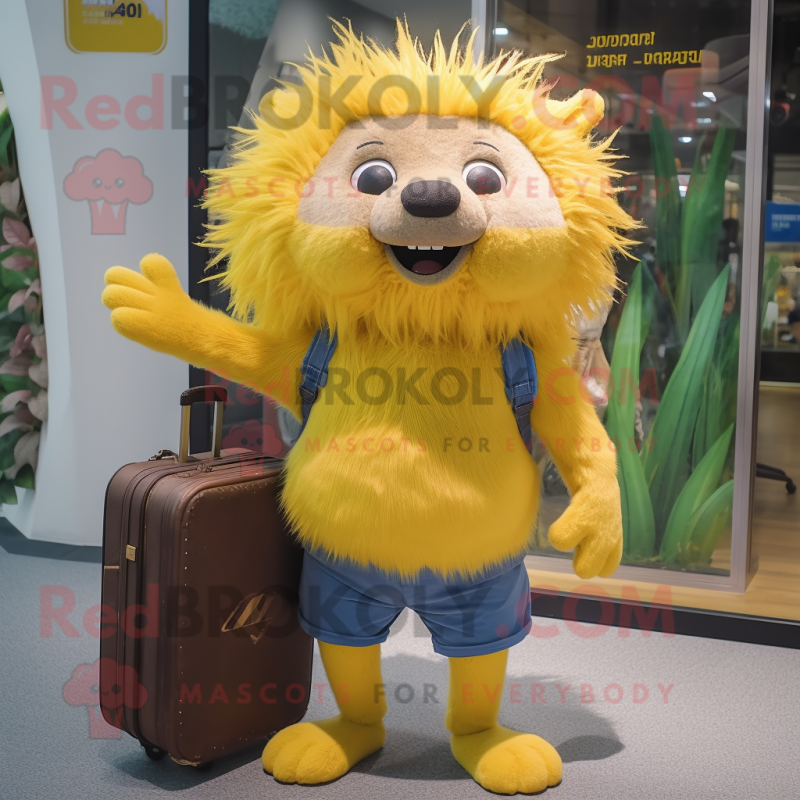 Yellow Porcupine mascot costume character dressed with a Denim Shorts and Briefcases Yellow Porcupine mascot costume character dressed with a Denim Shorts and Briefcases
