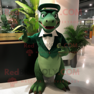 Forest Green Iguanodon mascot costume character dressed with a Shift Dress and Pocket squares