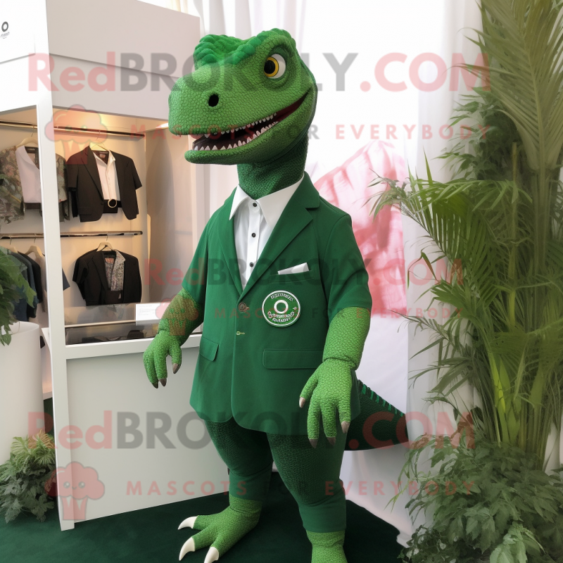 Forest Green Iguanodon mascot costume character dressed with a Shift Dress and Pocket squares Forest Green Iguanodon mascot costume character dressed with a Shift Dress and Pocket squares