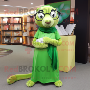 Green Mongoose mascot costume character dressed with a Wrap Skirt and Reading glasses