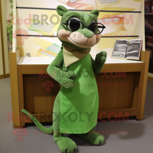 Green Mongoose mascot costume character dressed with a Wrap Skirt and Reading glasses