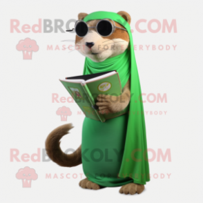 Green Mongoose mascot costume character dressed with a Wrap Skirt and Reading glasses