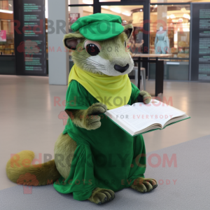 Green Mongoose mascot costume character dressed with a Wrap Skirt and Reading glasses