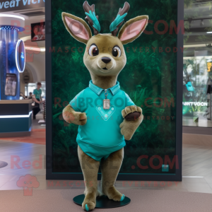 Turquoise Roe Deer mascot costume character dressed with a V-Neck Tee and Bracelet watches