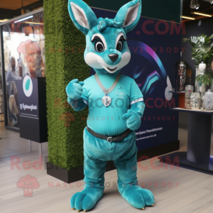 Turquoise Roe Deer mascot costume character dressed with a V-Neck Tee and Bracelet watches