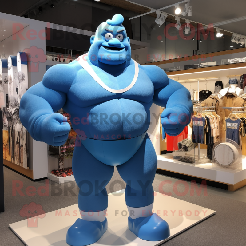 Blue Strongman mascot costume character dressed with a Swimwear and Lapel pins