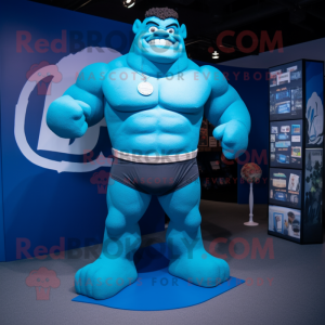 Blue Strongman mascot costume character dressed with a Swimwear and Lapel pins