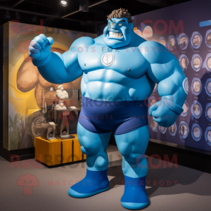 Blue Strongman mascot costume character dressed with a Swimwear and Lapel pins