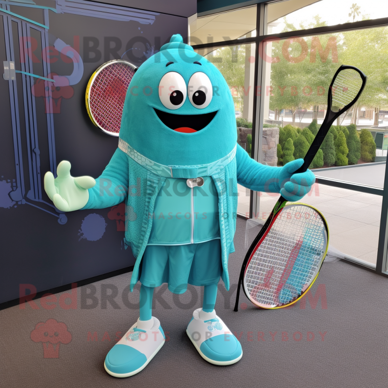 Turquoise Tennis Racket mascot costume character dressed with a Suit Pants and Shawl pins Turquoise Tennis Racket mascot costume character dressed with a Suit Pants and Shawl pins