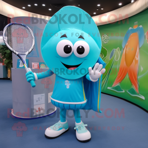 Turquoise Tennis Racket mascot costume character dressed with a Suit Pants and Shawl pins
