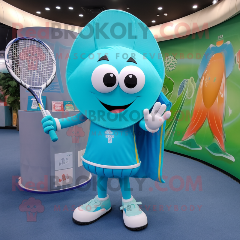 Turquoise Tennis Racket mascot costume character dressed with a Suit Pants and Shawl pins Turquoise Tennis Racket mascot costume character dressed with a Suit Pants and Shawl pins