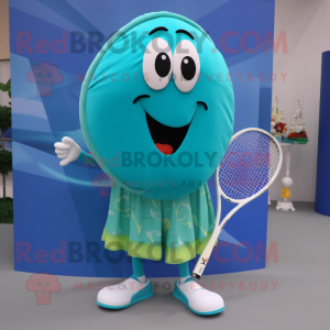 Turquoise Tennis Racket mascot costume character dressed with a Suit Pants and Shawl pins