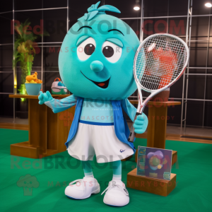 Turquoise Tennis Racket mascot costume character dressed with a Suit Pants and Shawl pins