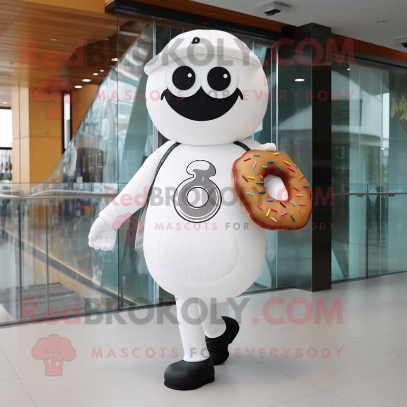 White Donut mascot costume character dressed with a Polo Tee and Messenger bags