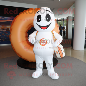 White Donut mascot costume character dressed with a Polo Tee and Messenger bags