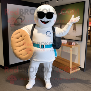 White Donut mascot costume character dressed with a Polo Tee and Messenger bags