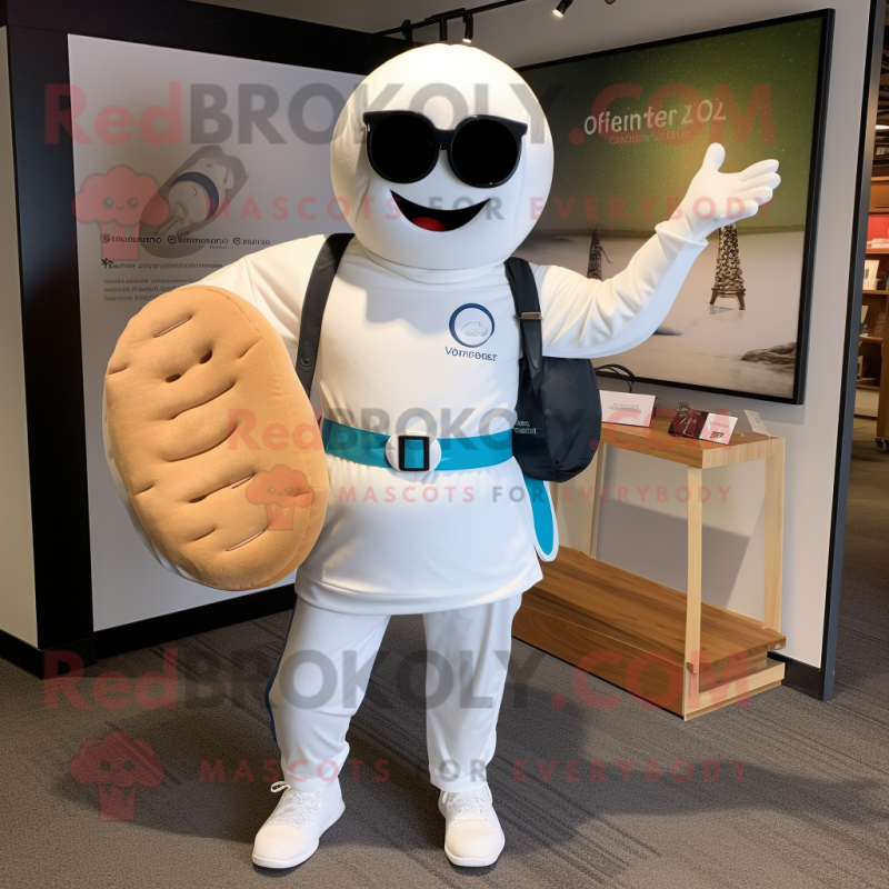 White Donut mascot costume character dressed with a Polo Tee and Messenger bags White Donut mascot costume character dressed with a Polo Tee and Messenger bags