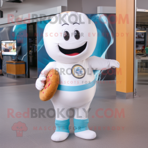 White Donut mascot costume character dressed with a Polo Tee and Messenger bags