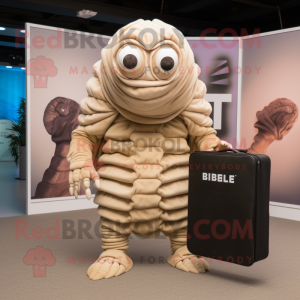 Beige Trilobite mascot costume character dressed with a Graphic Tee and Briefcases