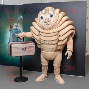 Beige Trilobite mascot costume character dressed with a Graphic Tee and Briefcases