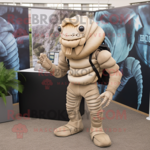 Beige Trilobite mascot costume character dressed with a Graphic Tee and Briefcases