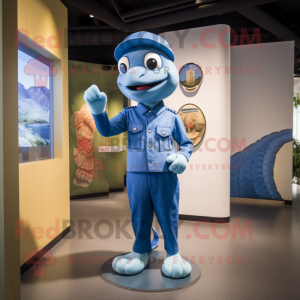 Blue Python mascot costume character dressed with a Chinos and Brooches