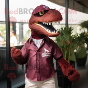 Maroon Deinonychus mascot costume character dressed with a Polo Shirt and Berets