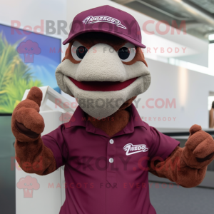 Maroon Deinonychus mascot costume character dressed with a Polo Shirt and Berets