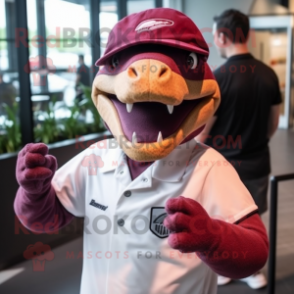 Maroon Deinonychus mascot costume character dressed with a Polo Shirt and Berets