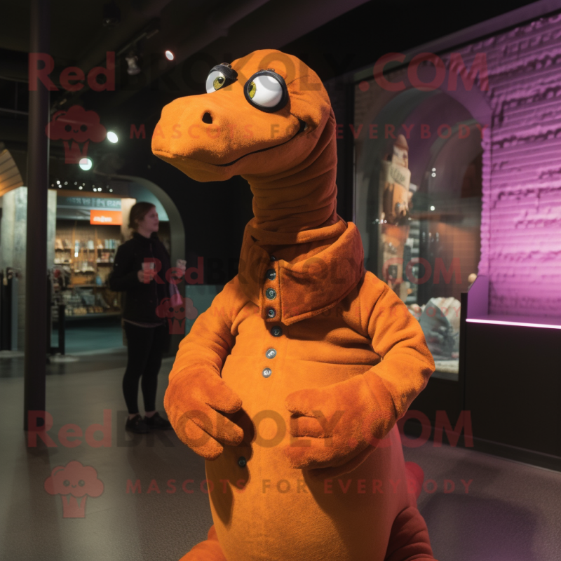 Rust Diplodocus mascot costume character dressed with a Turtleneck and Hair clips