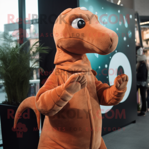 Rust Diplodocus mascot costume character dressed with a Turtleneck and Hair clips