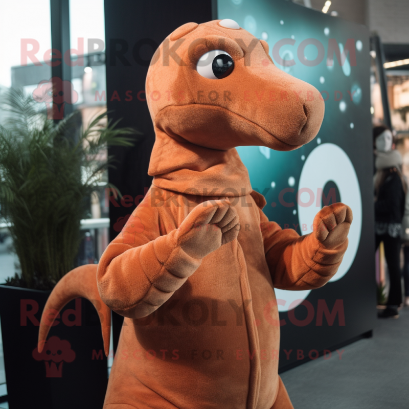 Rust Diplodocus mascot costume character dressed with a Turtleneck and Hair clips