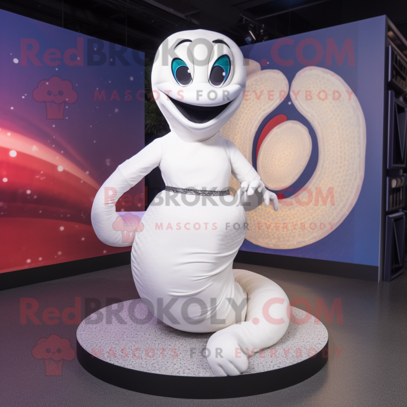 White Snake mascot costume character dressed with a Circle Skirt and Mittens