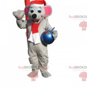 Gray mouse mascot with hat, Christmas scarf and ball -