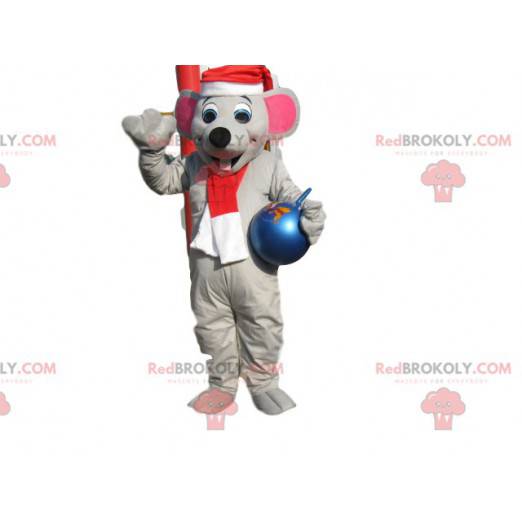 Gray mouse mascot with hat, Christmas scarf and ball -