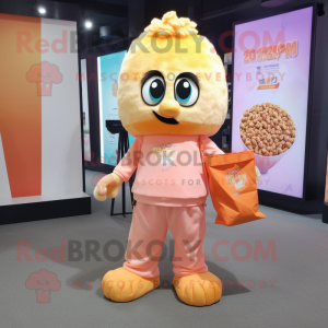 Peach Pop Corn mascot costume character dressed with a T-Shirt and Handbags