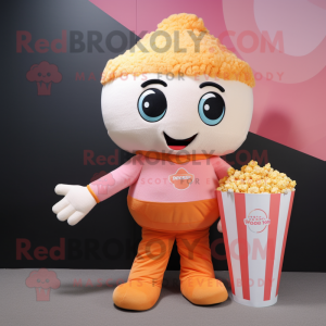 Peach Pop Corn mascot costume character dressed with a T-Shirt and Handbags