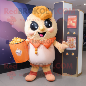 Peach Pop Corn mascot costume character dressed with a T-Shirt and Handbags