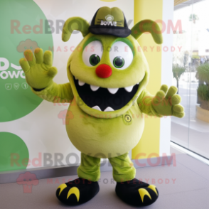 Olive Devil mascot costume character dressed with a Polo Shirt and Shoe clips