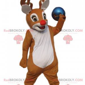 reindeer mascot with a beautiful red nose and a blue balloon -